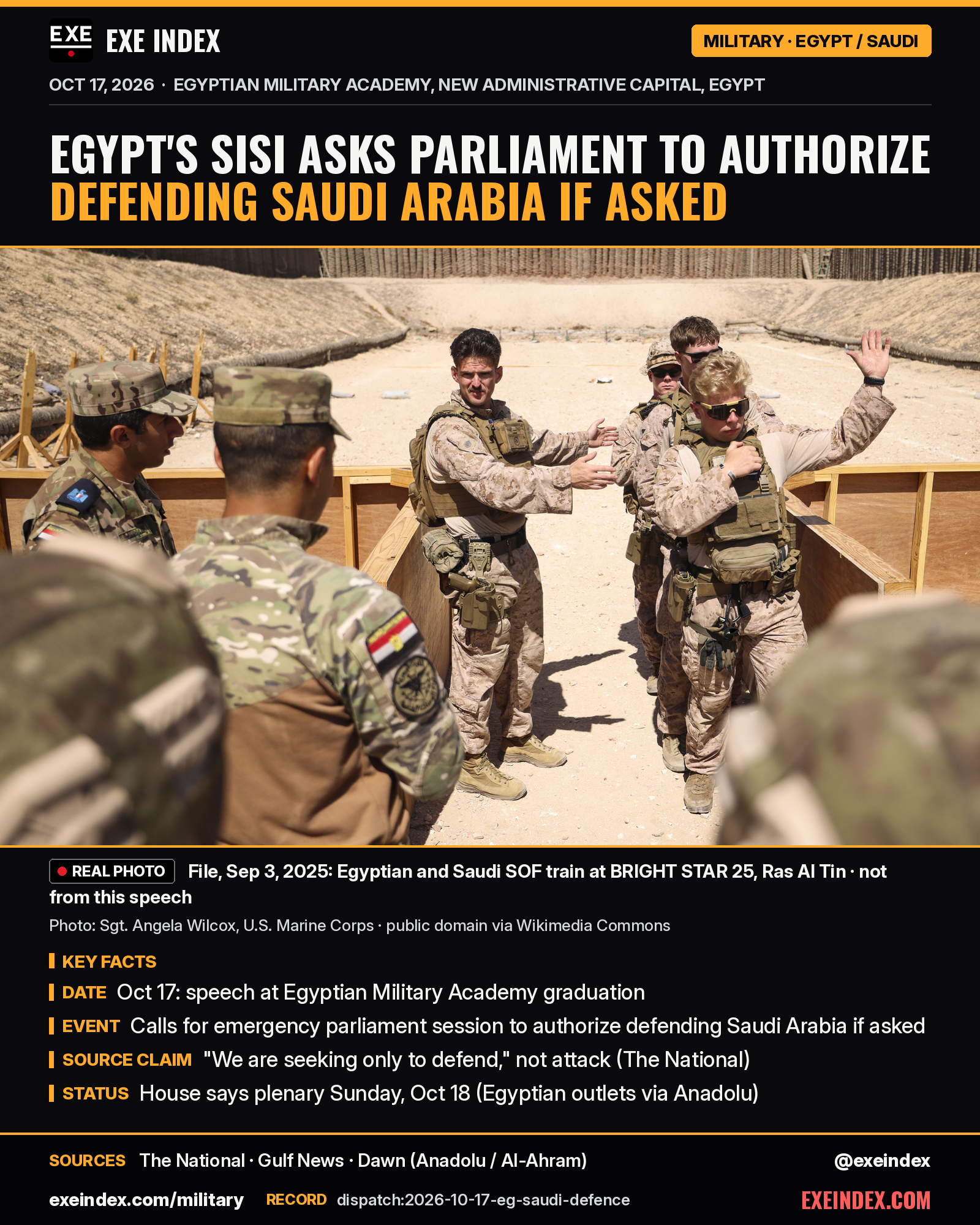 News card from EXE Index. Headline: Egypt's Sisi asks parliament to authorize defending Saudi Arabia if asked. File photo from September 3, 2025 by Sgt. Angela Wilcox, U.S. Marine Corps (public domain via Wikimedia Commons): Egyptian and Saudi special operations forces train during BRIGHT STAR 25 at Ras Al Tin Naval Base, Egypt; not from this speech. Key facts: Oct 17 speech at Egyptian Military Academy graduation; calls for emergency parliament session to authorize defending Saudi Arabia if asked; "We are seeking only to defend," not attack (The National); House says plenary Sunday, Oct 18 (Egyptian outlets via Anadolu). Sources: The National, Gulf News, Dawn (Anadolu / Al-Ahram). exeindex.com/military. Record dispatch:2026-10-17-eg-saudi-defence. @exeindex.