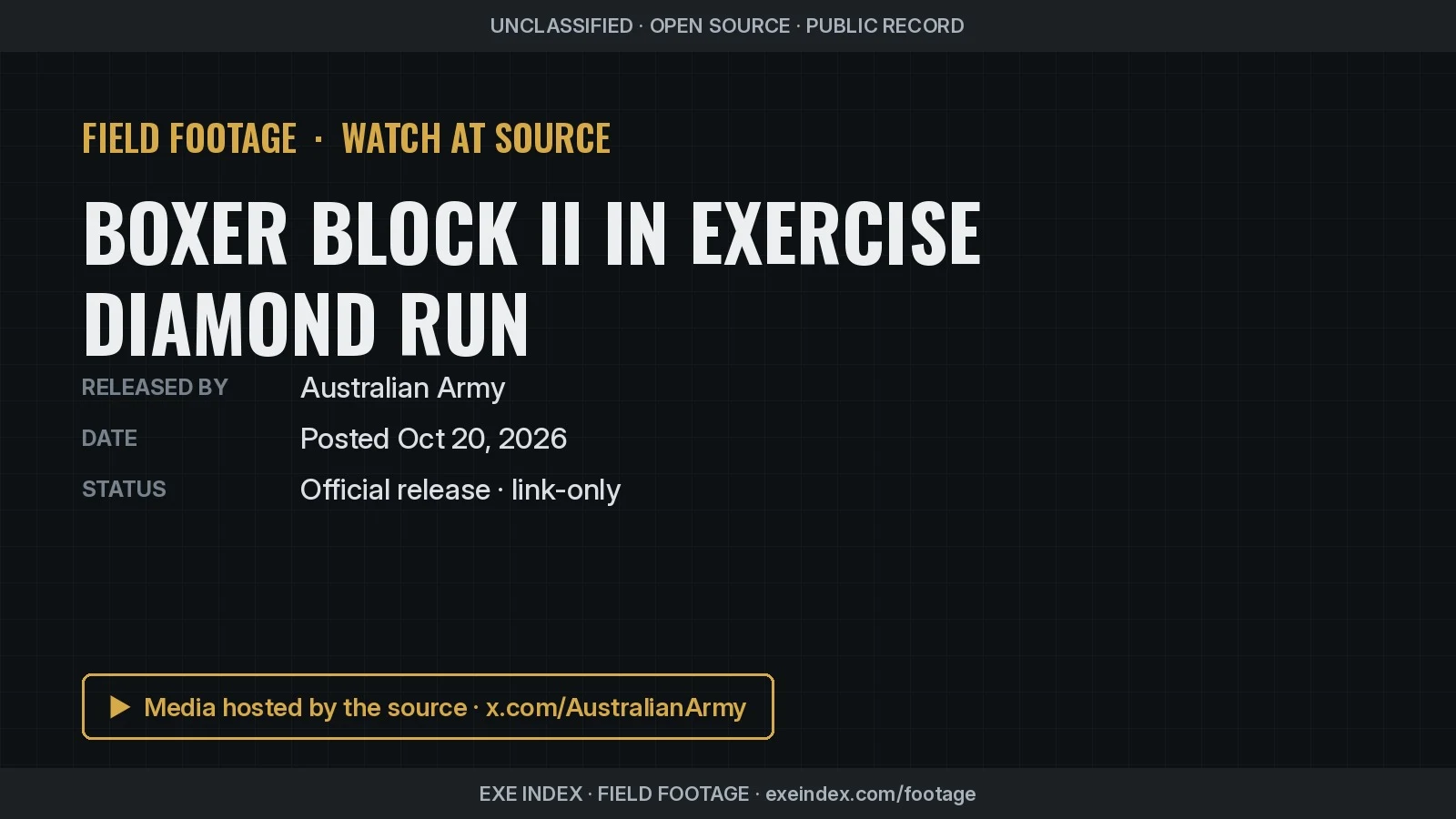 Text poster only. The source photos show camouflage-netted eight-wheeled Boxer armoured vehicles on a dirt track through dry eucalyptus bush, a soldier silhouetted against a bright flare at night, and a soldier with night-vision goggles and a rifle among trees at dusk.