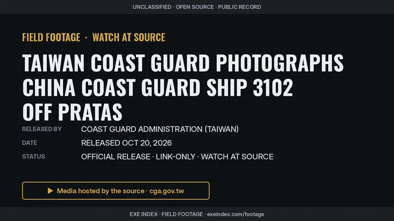 Text poster only. The source photo shows a CGA officer on Taichung watching the white ship on the horizon, with CGA's own Chinese labels.