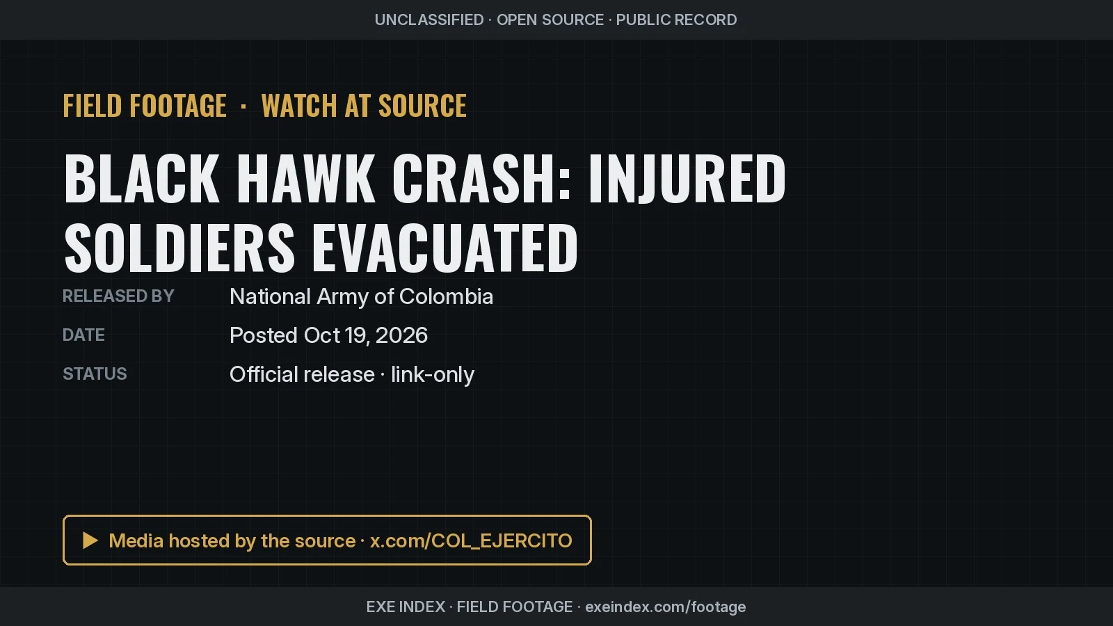 Text poster only. The source video shows a soldier in camouflage and a helmet standing in the foreground of an airfield apron, with two dark green Black Hawk helicopters, groups of soldiers and low buildings among trees behind him, and ends on the army's crest on a dark red background.