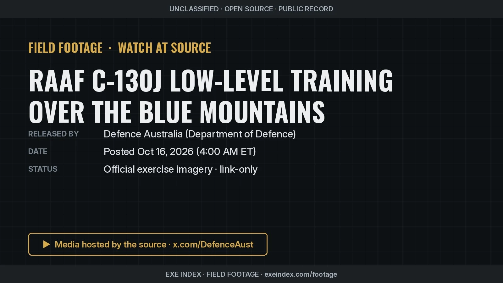 Text poster only. Source shows a RAAF C-130J Hercules in low-level flight over forested mountains.