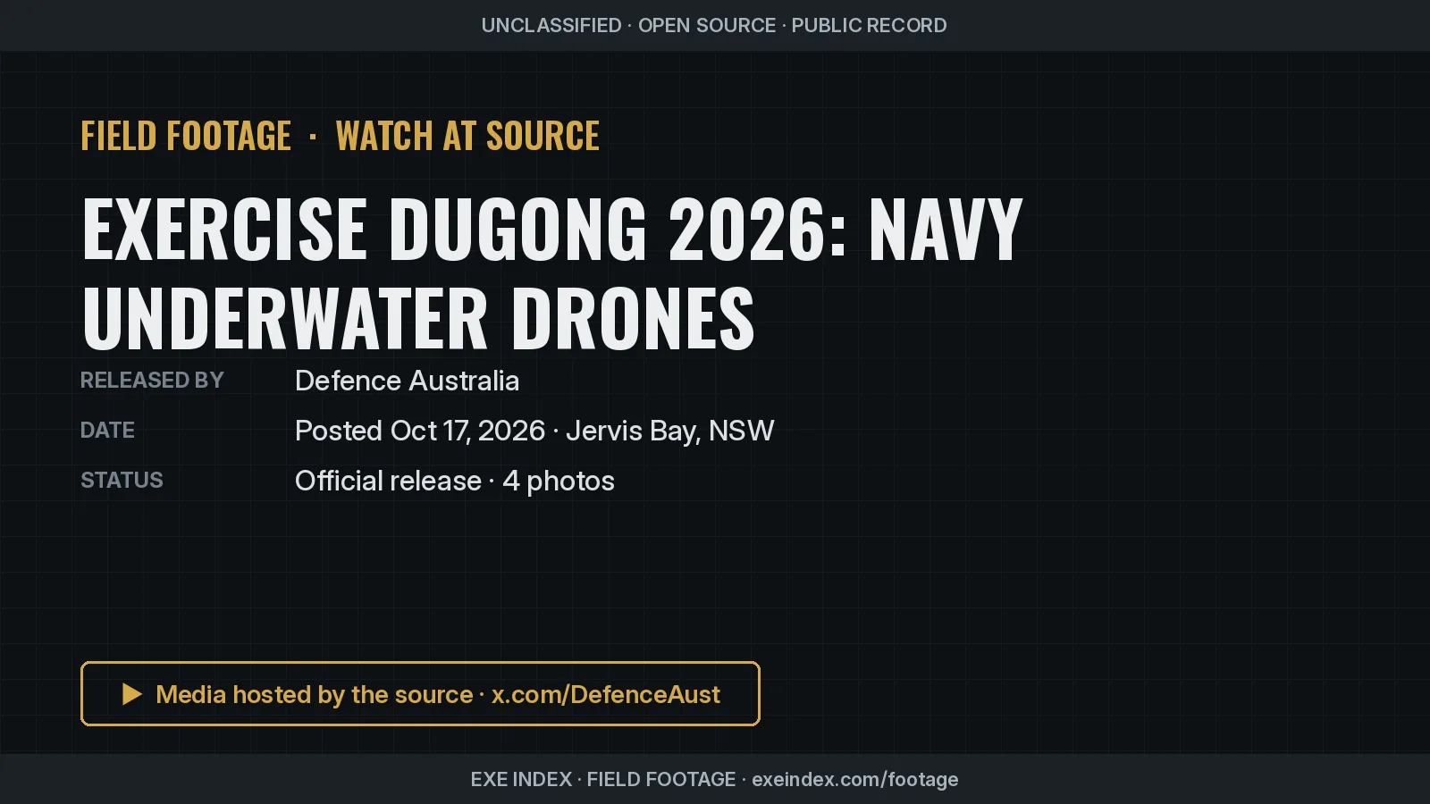 Text poster only. Australian Navy runs underwater drones in Exercise Dugong 2026.