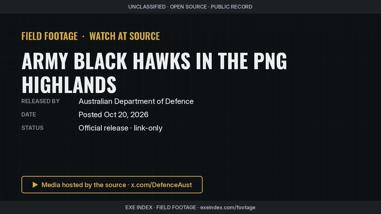 Text poster only. The source photos show a dark green Black Hawk helicopter parked on a grassy ridge top with misty mountain ranges behind it, a Black Hawk on a dirt highland airstrip, a wide view of a steep green ridge, and a helmeted crew member in camouflage standing in front of a crowd of local residents.