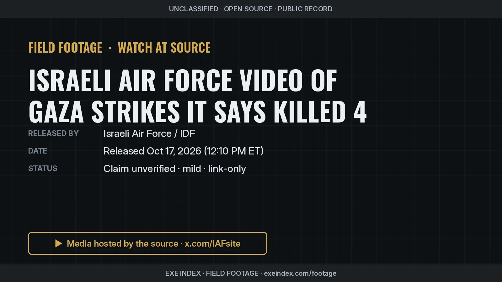 Text poster only. The source is grayscale overhead targeting video of strikes in built-up areas of Gaza.