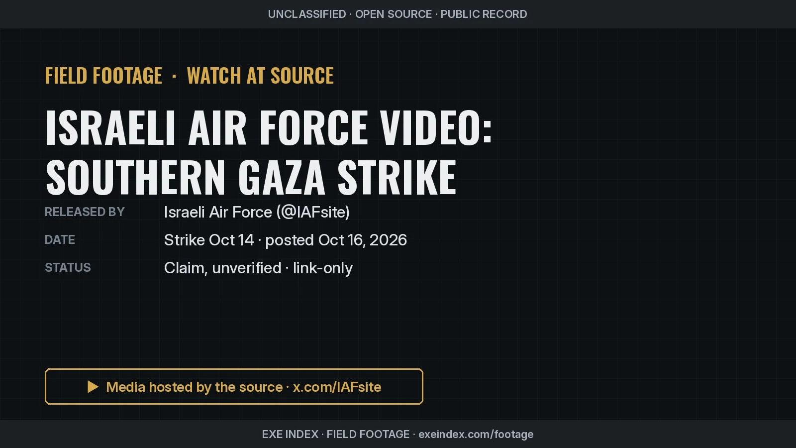 Text poster only. The source video is black-and-white overhead targeting footage of a strike on a building in a built-up area; no people are visible.