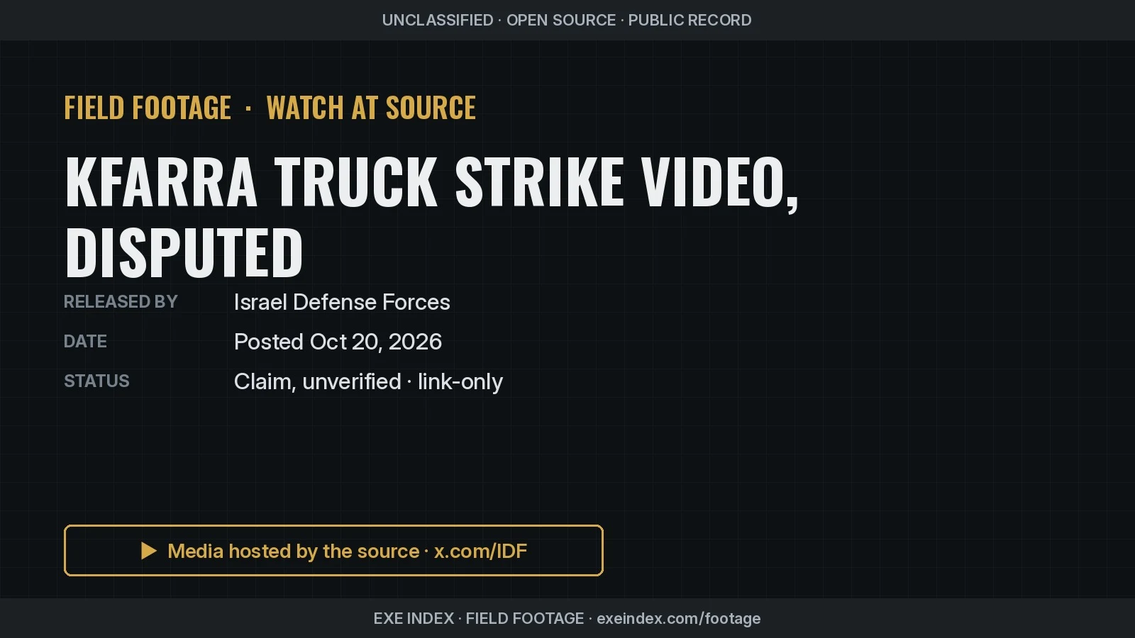 Text poster only. The source video shows grey overhead thermal drone footage with a crosshair over a walled compound beside a road, captions saying figures enter the compound and load a truck, the truck driving away, and then a white flash and a dark ring of smoke and debris where it was struck.