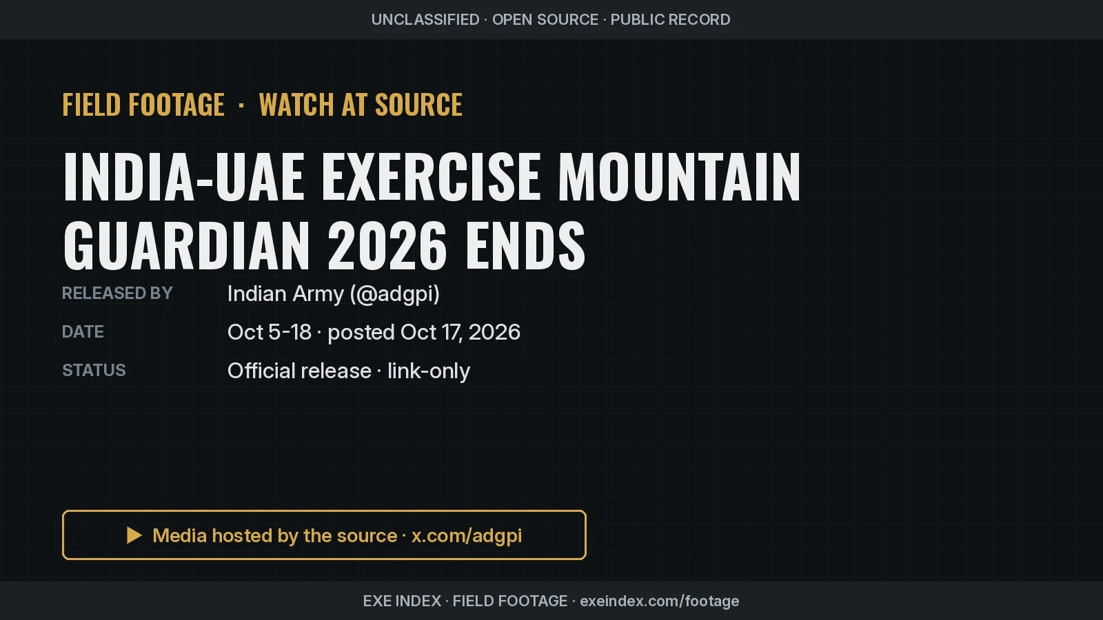 Text poster only. The source photos show an Indian Army officer and a UAE officer exchanging a framed memento under a camouflage canopy, rows of troops formed up on a grass parade ground below exercise banners and pine-covered hills, and a large group photo of soldiers from both armies.