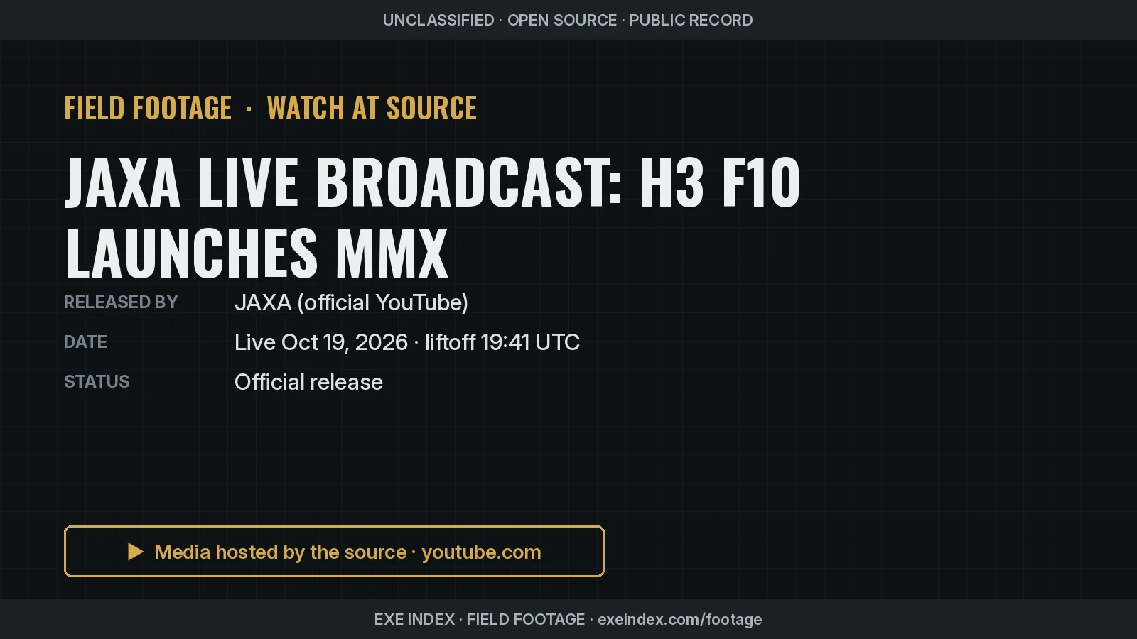 Text poster only (no source pixels). Links to JAXA's official English YouTube live broadcast of the H3 flight 10 launch of the MMX spacecraft.