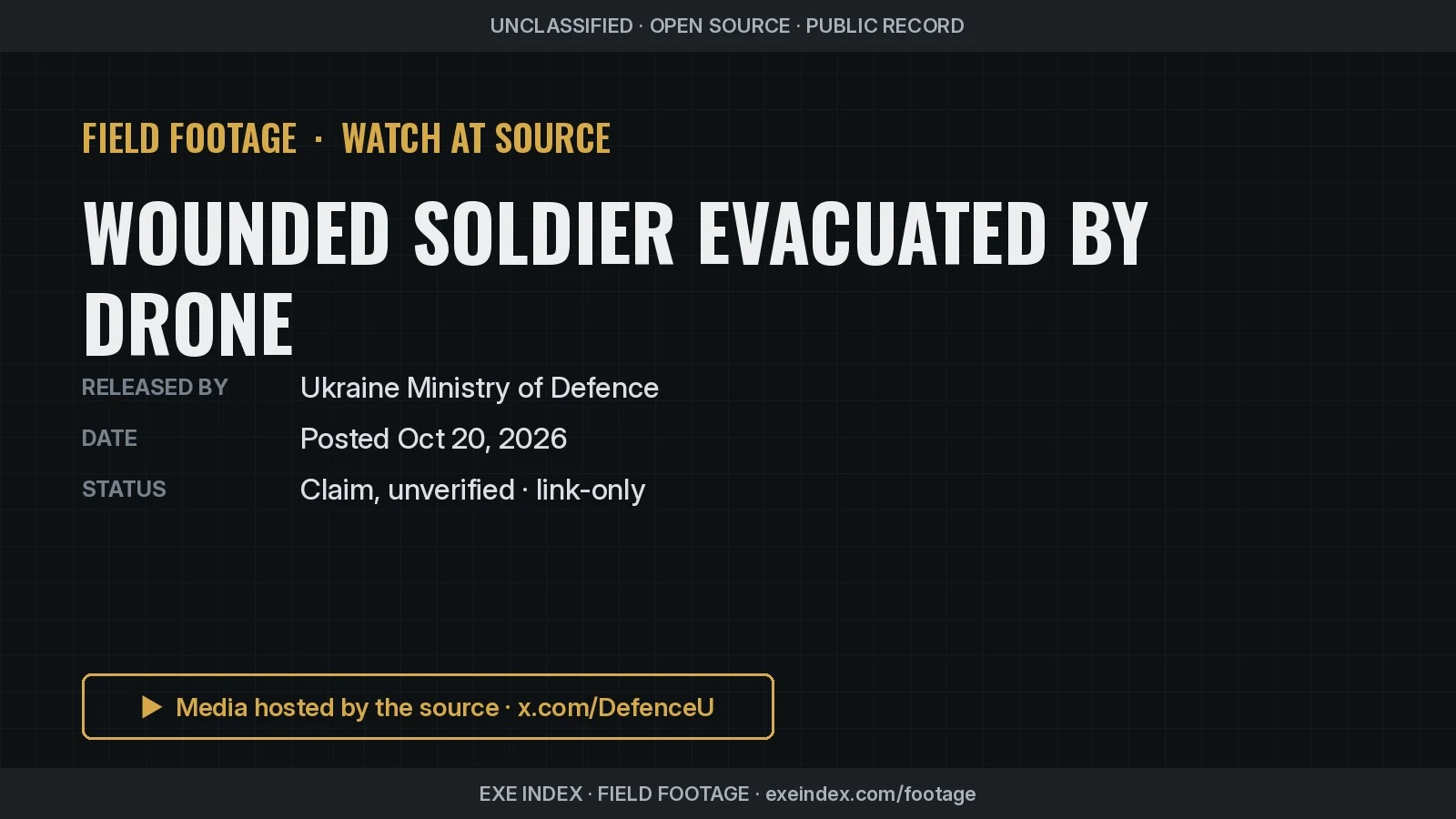 Text poster only. The source video shows a drone operator at screens in a dugout, a bearded soldier in camouflage clipped into a harness hanging from a large multirotor drone, the drone's camera view over a dirt road, and the soldier suspended beneath the drone in flight over a field.
