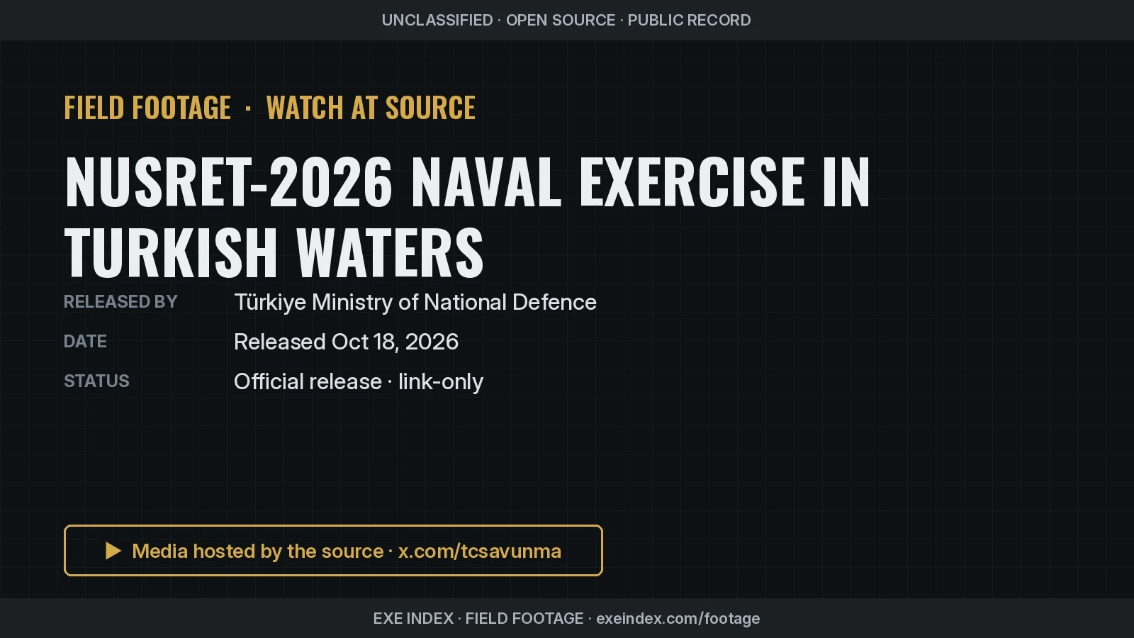 Text poster only. The source video shows grey warships sailing in line on blue water, a helicopter flying low over the sea, a small grey naval vessel at speed, officers watching from a ship's deck, white water columns rising from underwater detonations and a sailor saluting, with on-screen labels Karadeniz and Ege Denizi, ending on the ministry's logo card.