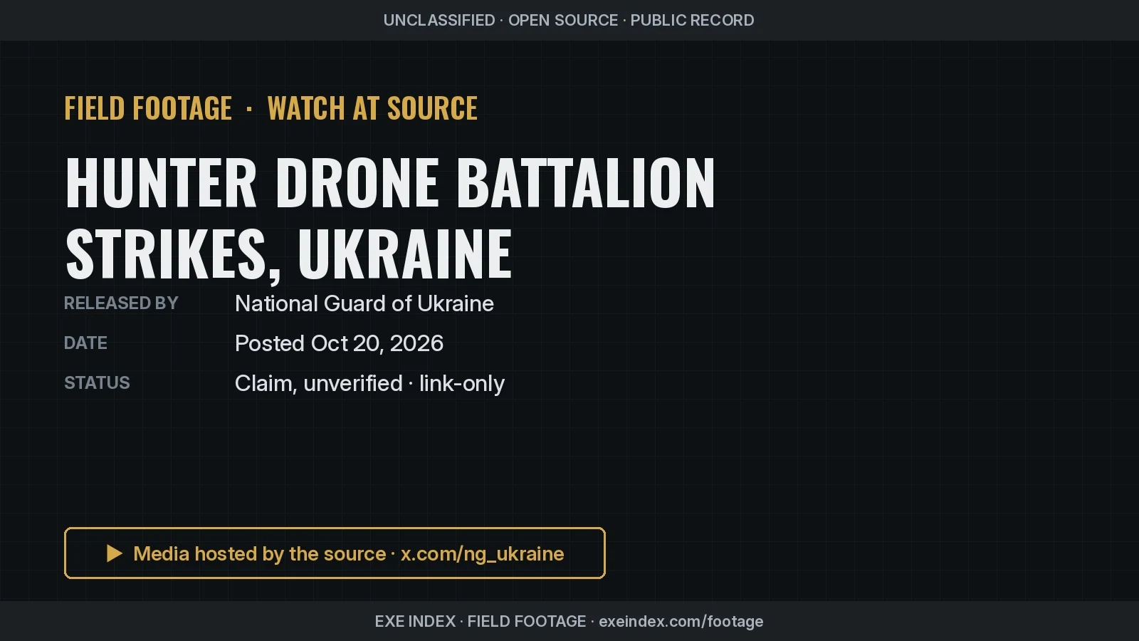Text poster only. The source video is a montage: drone-camera views diving toward damaged buildings and tree lines followed by bursts of smoke and dust, a soldier launching a small fixed-wing drone by hand, a multirotor drone hovering against grey sky, soldiers riding an armoured vehicle, and operators in a dark room watching screens, ending on the battalion's red logo.