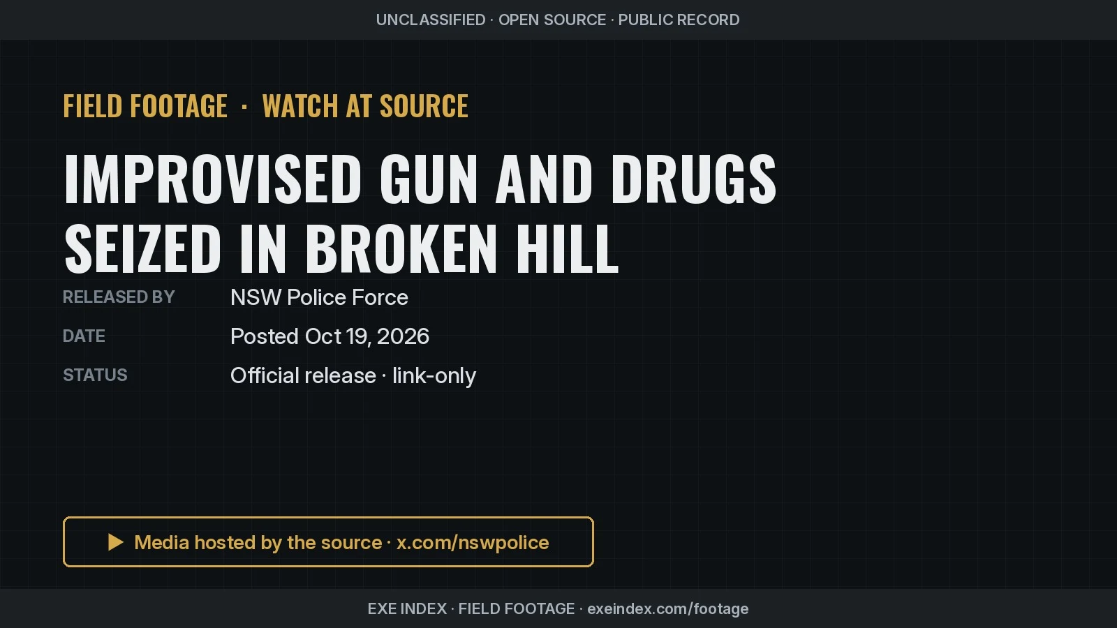 Text poster only. The release photo shows items on a blue-covered table: a black pistol, a small torch, an open black safe with a keypad, zip-lock bags and wraps of white powder, an open digital scale and a cup, under a banner reading 'Man charged with firearms, drug offences in Broken Hill'.