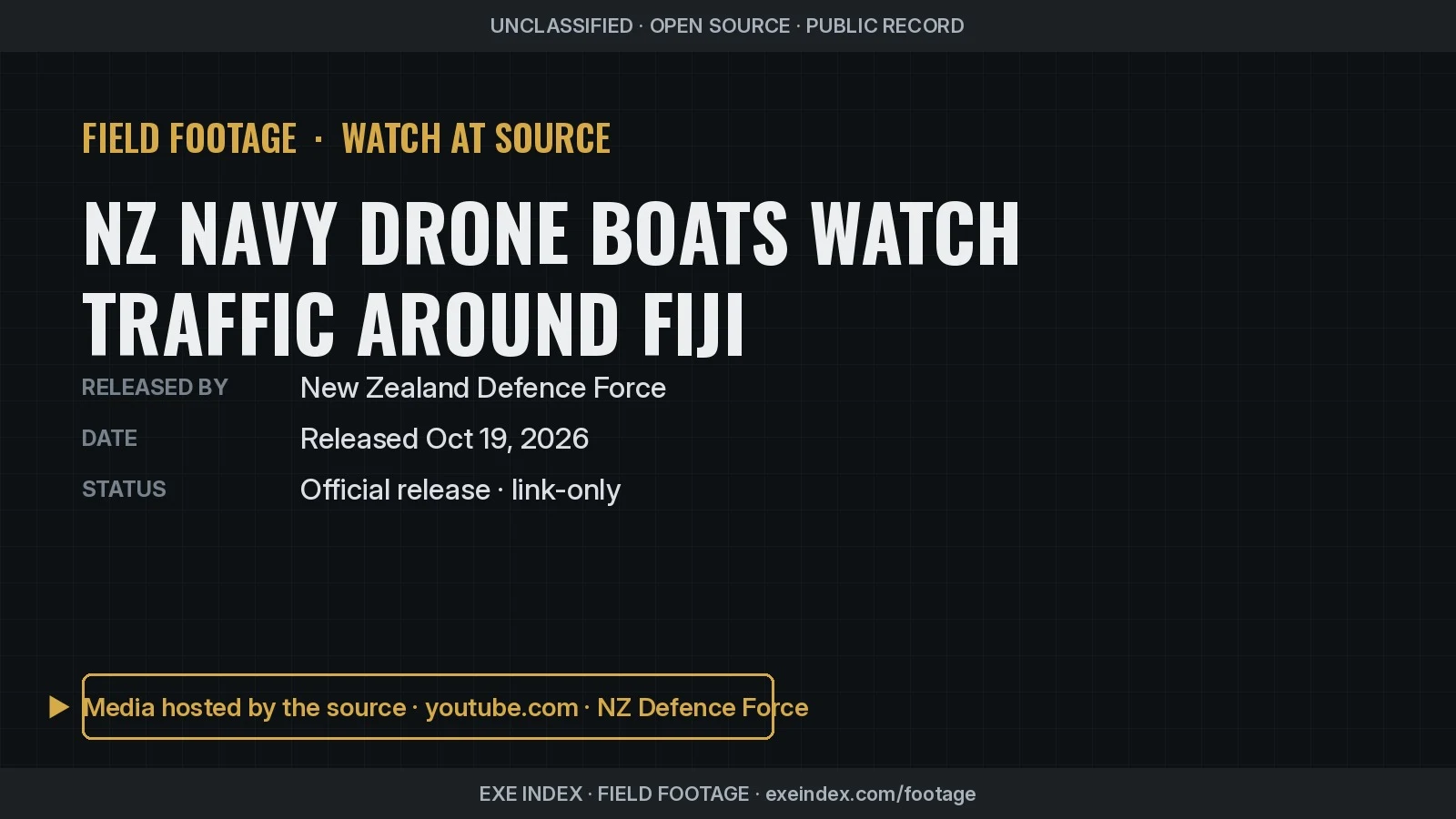 Text poster only. The source video's cover frame shows a white uncrewed surface vessel with a tall solar-panel sail and a sensor mast on open sea under a dramatic sky, titled Silent Hunter; the NZDF release photos show the vessel on a trailer and operators guiding it to shore.