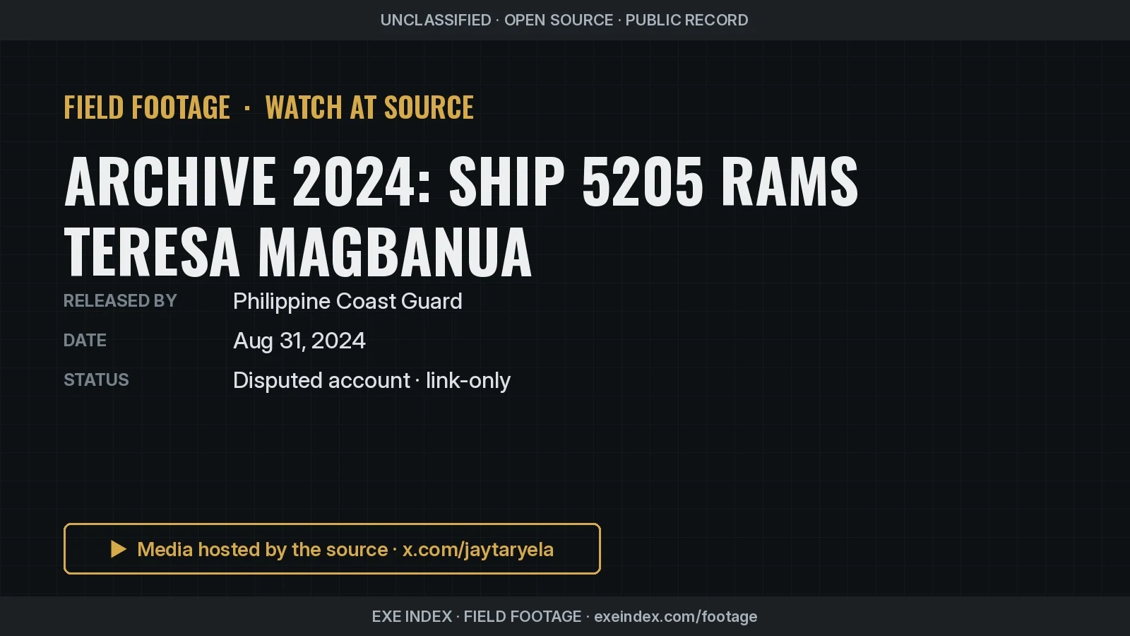 Text poster only. The source clips, filmed from the Philippine cutter's helicopter deck, show a white China Coast Guard ship with red and blue stripes and the number 5205 on its hull turning toward the camera through open sea, and a close view from the bow as the Chinese ship's foredeck, with crew in orange vests, scrapes along the Philippine ship's rail.