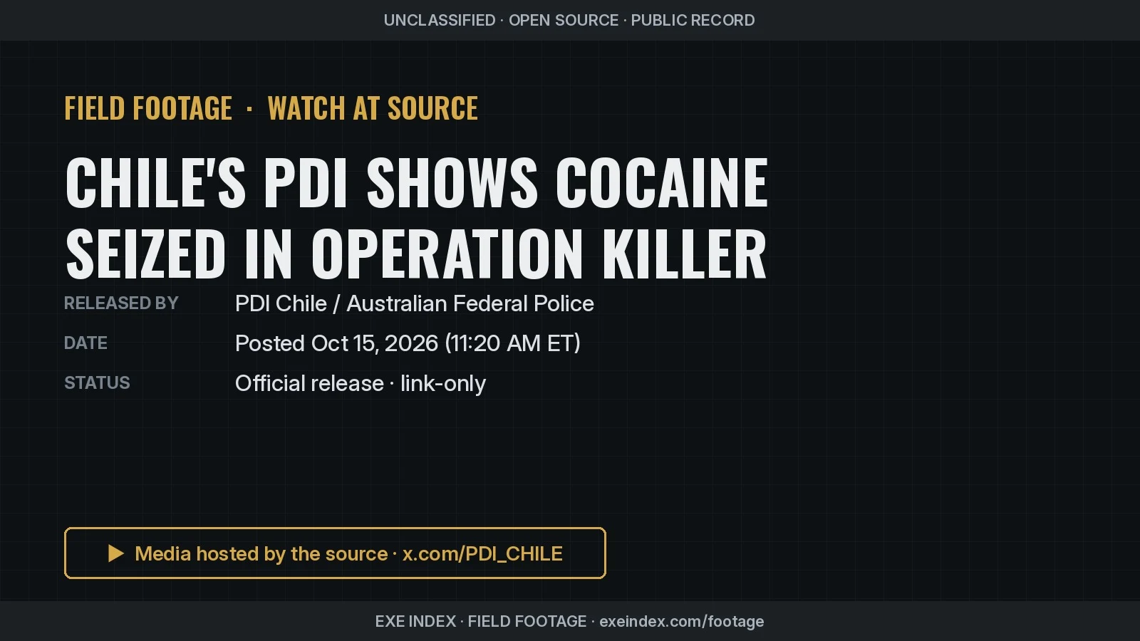 Text poster only. The source photos show a PDI officer speaking at a podium and an officer in gloves holding one of several wrapped packages on a table behind an 'Evidencia' sign.