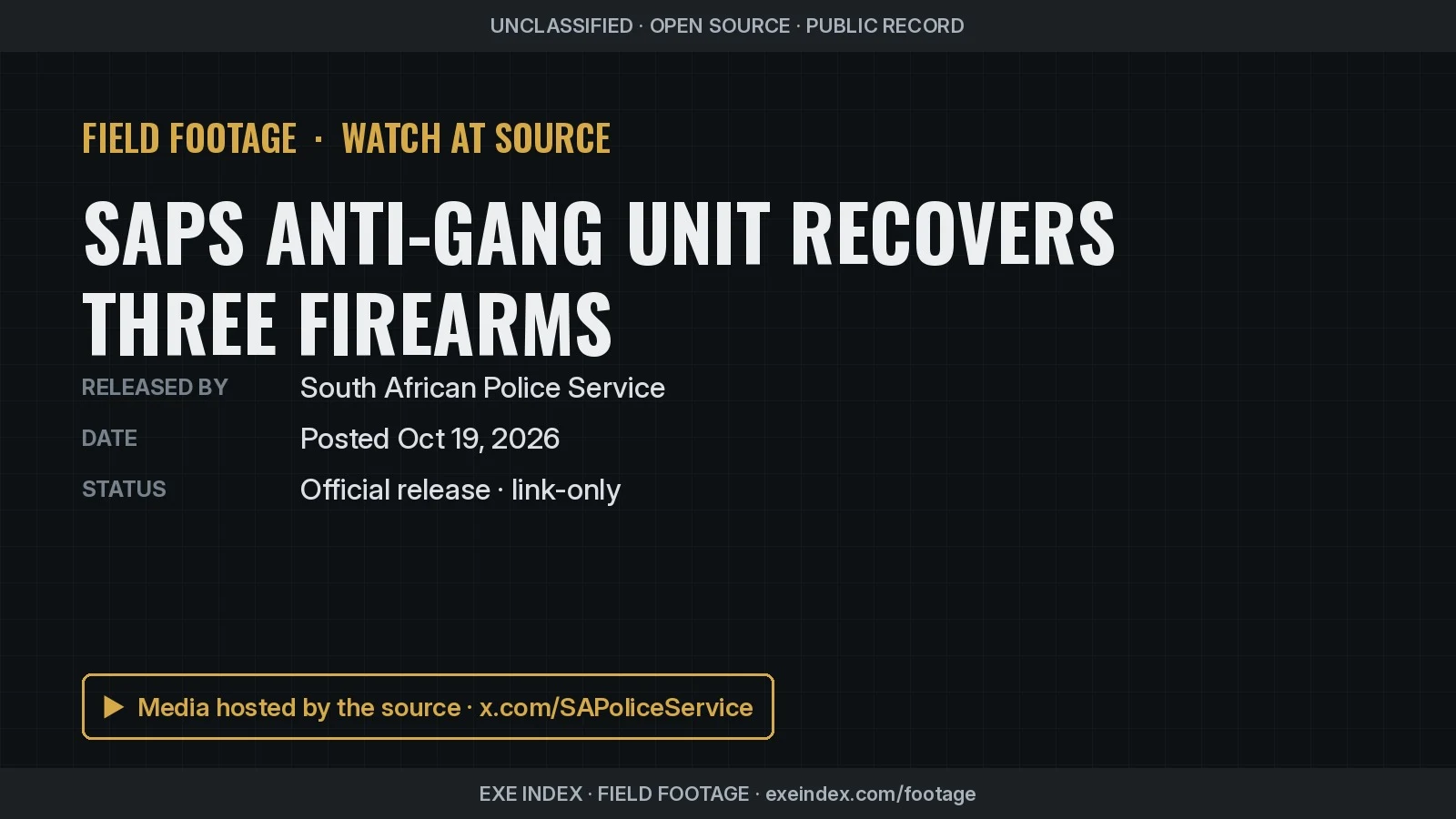 Text poster only. The release photos show handguns laid out with loose rounds of ammunition: a pistol and two revolvers on a white surface, a pistol and magazine on a wooden desk, and a pistol beside a row of cartridges; a fourth image is a SAPS 'Guns Off The Streets' campaign graphic.