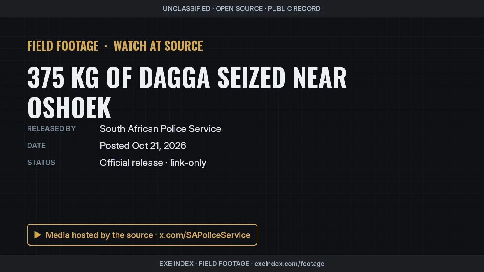 Text poster only. The source photos show black plastic bags and sacks of compressed cannabis piled on paving next to a silver Toyota SUV with its doors and boot open, sacks stacked on a floor indoors, and two men in jeans standing with their backs to the camera beside the SUV.