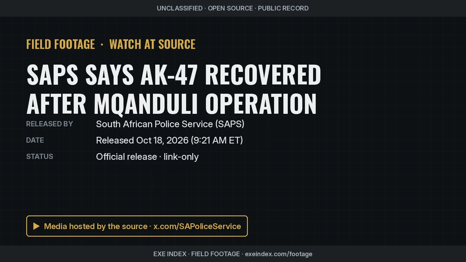 Text poster only. The source photo shows an AK-47 rifle with a curved magazine lying in grass at night.