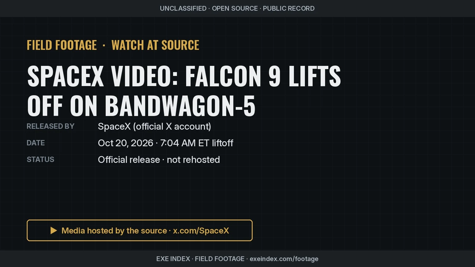 Text poster only (no source pixels). Links to SpaceX's official liftoff video on X of the Falcon 9 Bandwagon-5 rideshare launch.