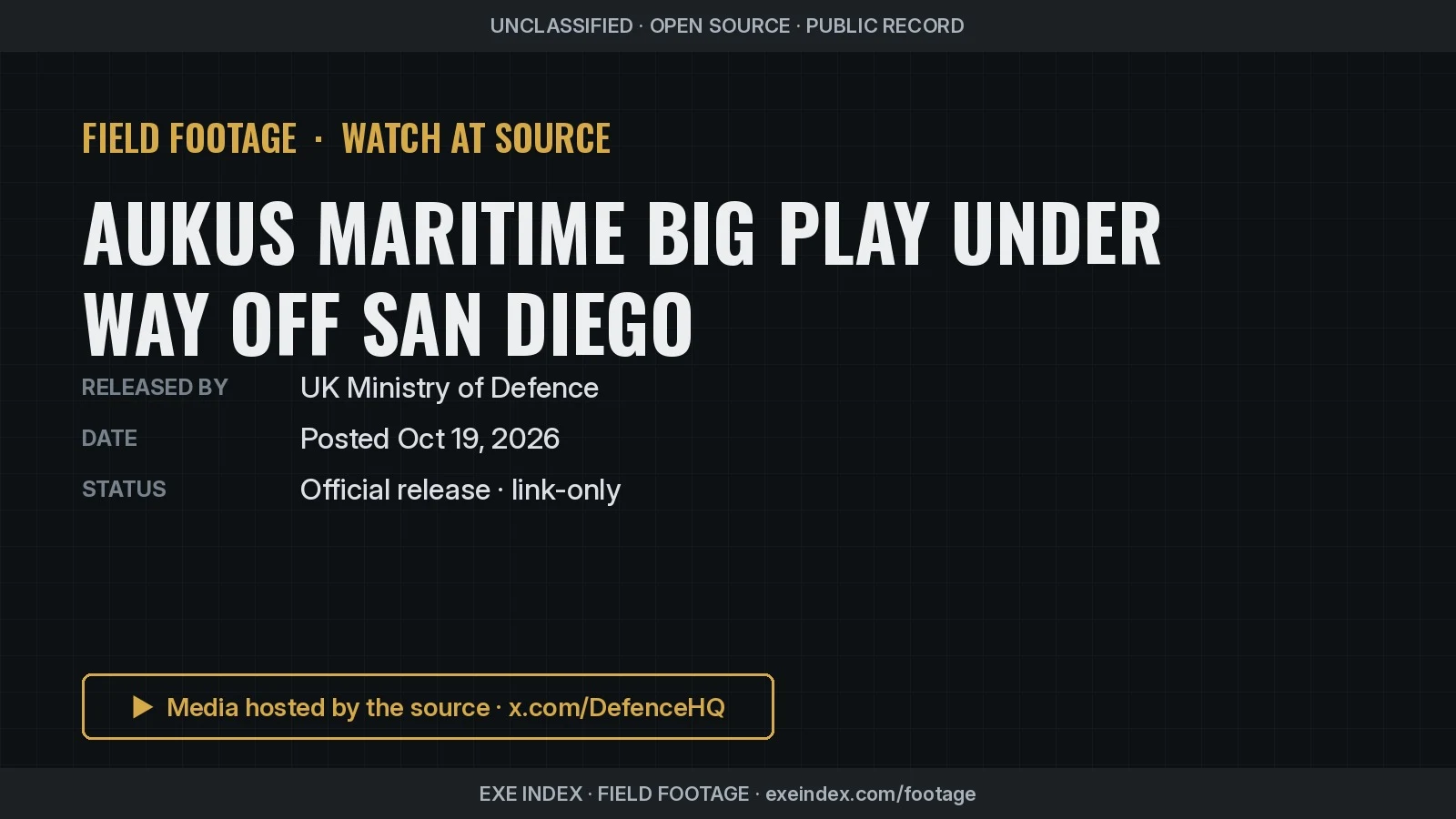 Text poster only. The source video is a montage opening on an AUKUS emblem over water, then a warship's flight deck at a harbour, a British service member at a display screen, a white aerostat being launched on shore, a red-and-yellow sensor buoy in the sea, a fire hose spraying from a deck, an uncrewed boat with a U.S. flag in spray, and fast boats leaving white wakes, ending on the words AUKUS Accelerated, Integrated to Win.