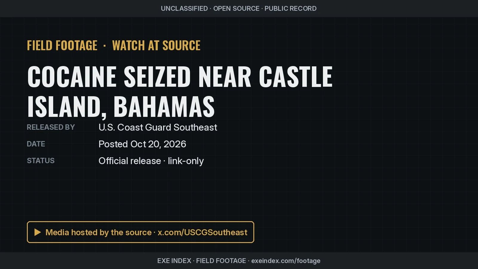 Text poster only. The source photos show rows of black taped bricks beside a block of packages blurred by the release on a dark boat deck with a coiled rope, and an aerial surveillance view of a white go-fast boat with two outboard motors beached on a rocky shoreline.