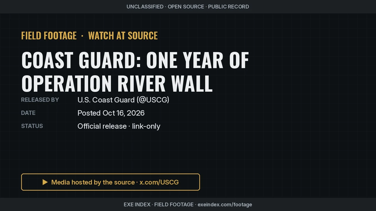 Text poster only. The source video is a vertical montage of U.S. Coast Guard boats with crews moving on a brown river lined with trees and palms, with large white on-screen captions.