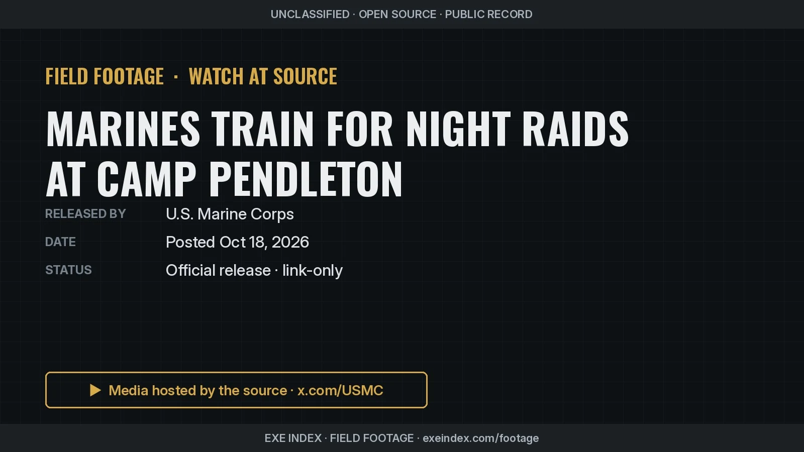 Text poster only. The source photos show a Marine squad leader in a helmet with night-vision goggles lit in deep red light beside another Marine's silhouette, and a green night-vision view of a Marine in a doorway of a training building as a glowing chem-light streaks across the frame.
