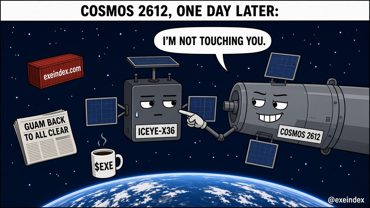 Single-panel cartoon meme captioned COSMOS 2612, ONE DAY LATER: above Earth in starry low orbit, a smug grey cylindrical satellite labeled COSMOS 2612 reaches out a thin robot arm and holds a pointing finger right next to the face of a deadpan, sweating boxy satellite labeled ICEYE-X36, saying I'M NOT TOUCHING YOU. Floating nearby: a red shipping container stenciled exeindex.com, a newspaper headlined GUAM BACK TO ALL CLEAR, and a steaming mug. @exeindex in the corner.