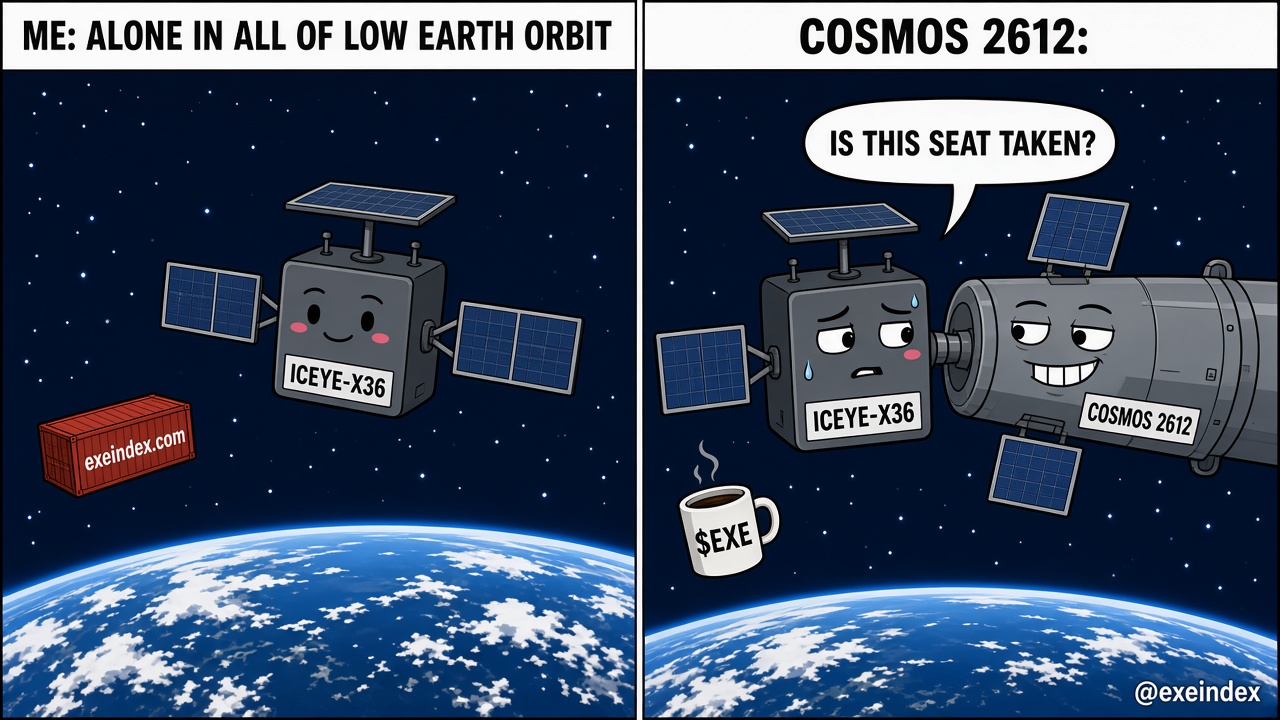 Two-panel cartoon meme in the empty-bus format. Left, captioned ME: ALONE IN ALL OF LOW EARTH ORBIT: a small smiling boxy satellite labeled ICEYE-X36 floats alone in empty starry space above Earth, a red shipping container stenciled exeindex.com drifting far off. Right, captioned COSMOS 2612: a smug grey cylindrical satellite labeled COSMOS 2612 is pressed right against the nervous, sweating ICEYE-X36 and asks IS THIS SEAT TAKEN? @exeindex in the corner.