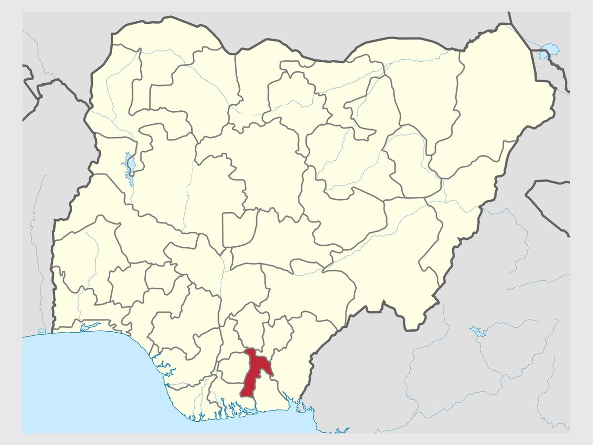 Map: Abia State (red) in Nigeria · Aba lies in the south of the state