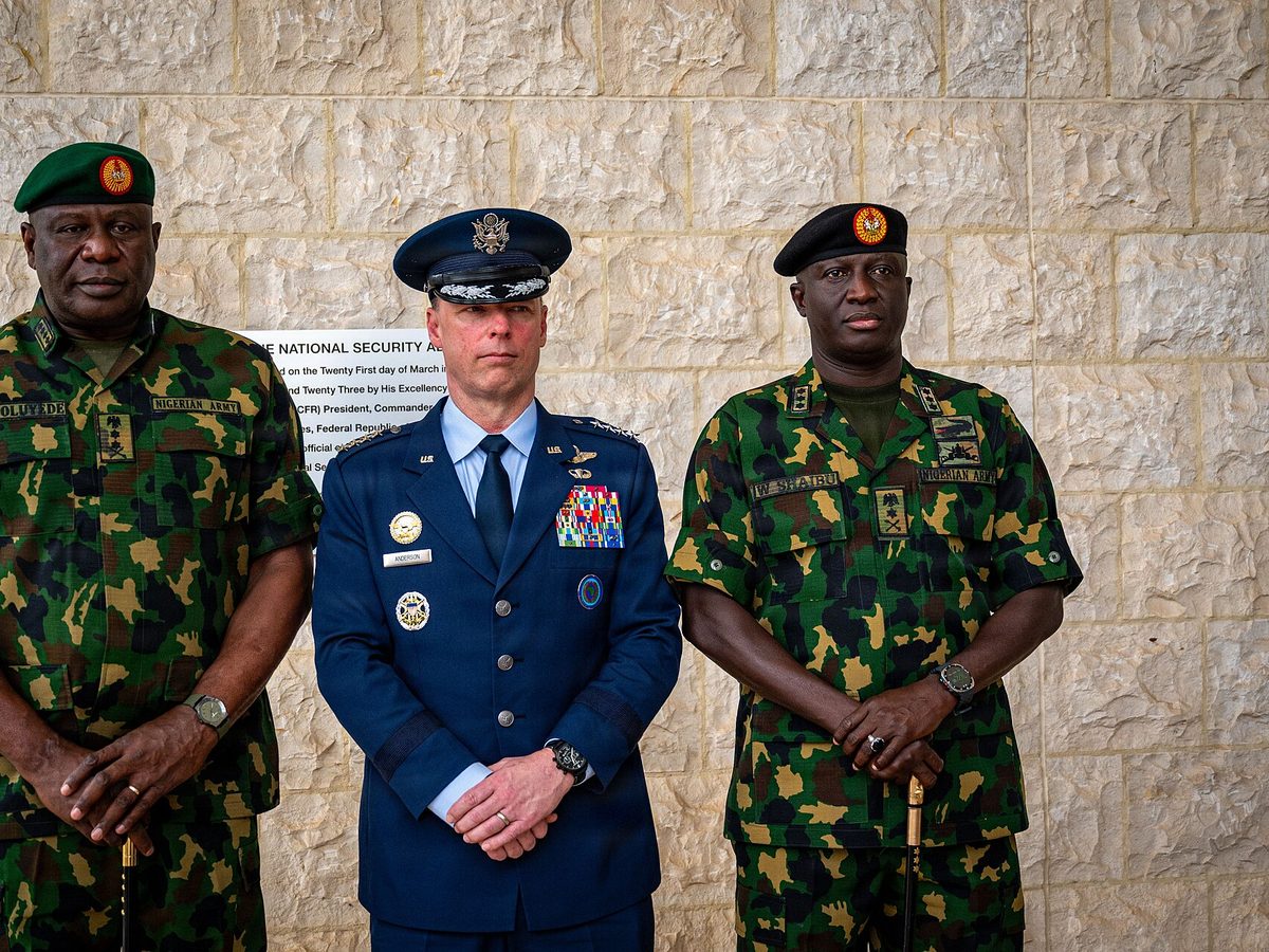 File, Feb 2026: Lt. Gen. Waidi Shaibu (right) in Abuja with Nigeria's defence chief and AFRICOM's commander · not from Oct 17