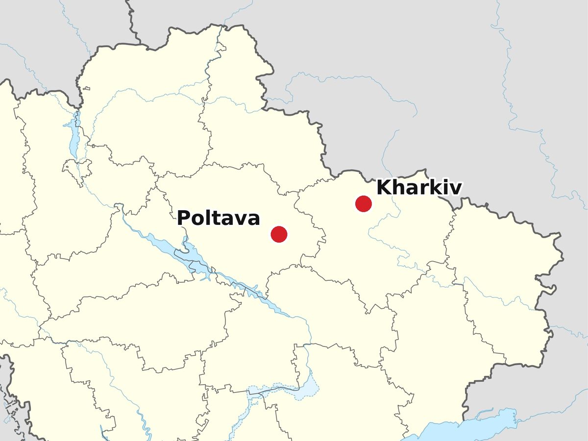 Map: Kharkiv and Poltava (red dots) in eastern and central Ukraine
