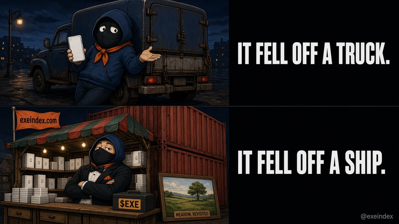 Two-row cartoon meme in the plain-versus-tuxedo format. Top: a masked cartoon fisherman in a navy hoodie leans on a beat-up truck at night, holding a white phone and shrugging, next to the caption IT FELL OFF A TRUCK. Bottom: the same fisherman in a black tuxedo and bow tie sits smugly at a market stall stacked with white phone boxes, a giant red shipping container behind him, next to the caption IT FELL OFF A SHIP. Details: an exeindex.com flag on the stall, a meadow painting labeled MEADOW, REVISITED, and @exeindex in the corner.