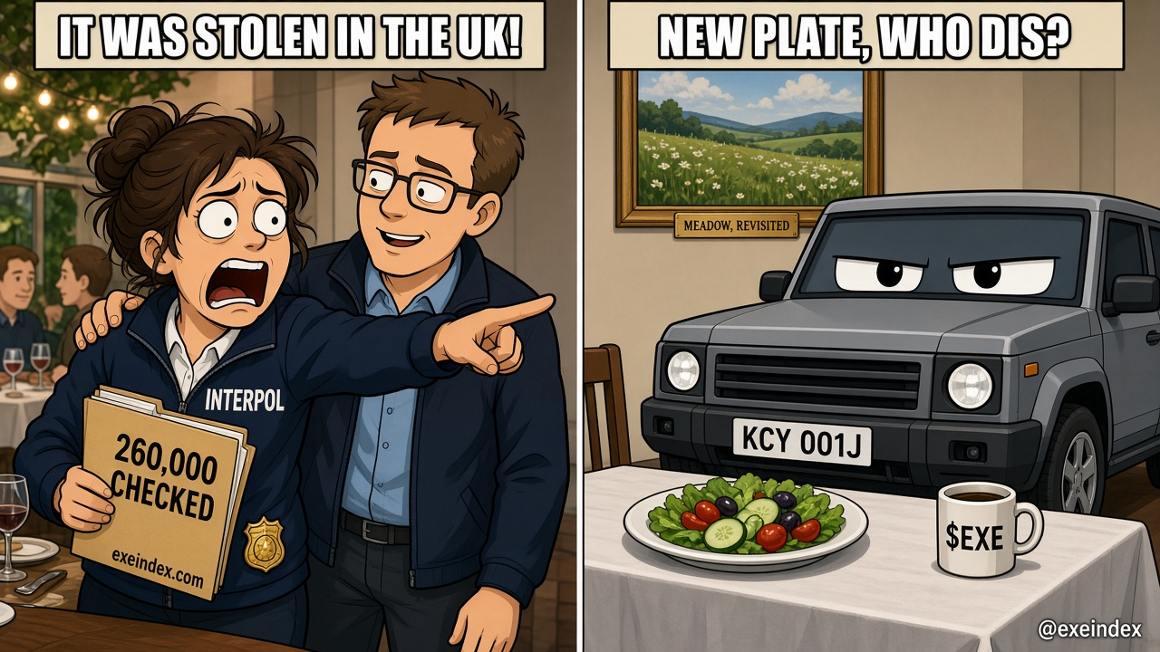 Two-panel cartoon meme in the woman yelling at cat format. Left, captioned IT WAS STOLEN IN THE UK!: a frantic cartoon detective in a navy INTERPOL jacket yells and points while a colleague holds her shoulder; she holds a folder reading 260,000 CHECKED and exeindex.com. Right, captioned NEW PLATE, WHO DIS?: a smug grey boxy SUV with cartoon eyes sits at a dinner table behind a salad, its front plate reading KCY 001J, under a framed meadow painting labeled MEADOW, REVISITED. @exeindex in the corner.