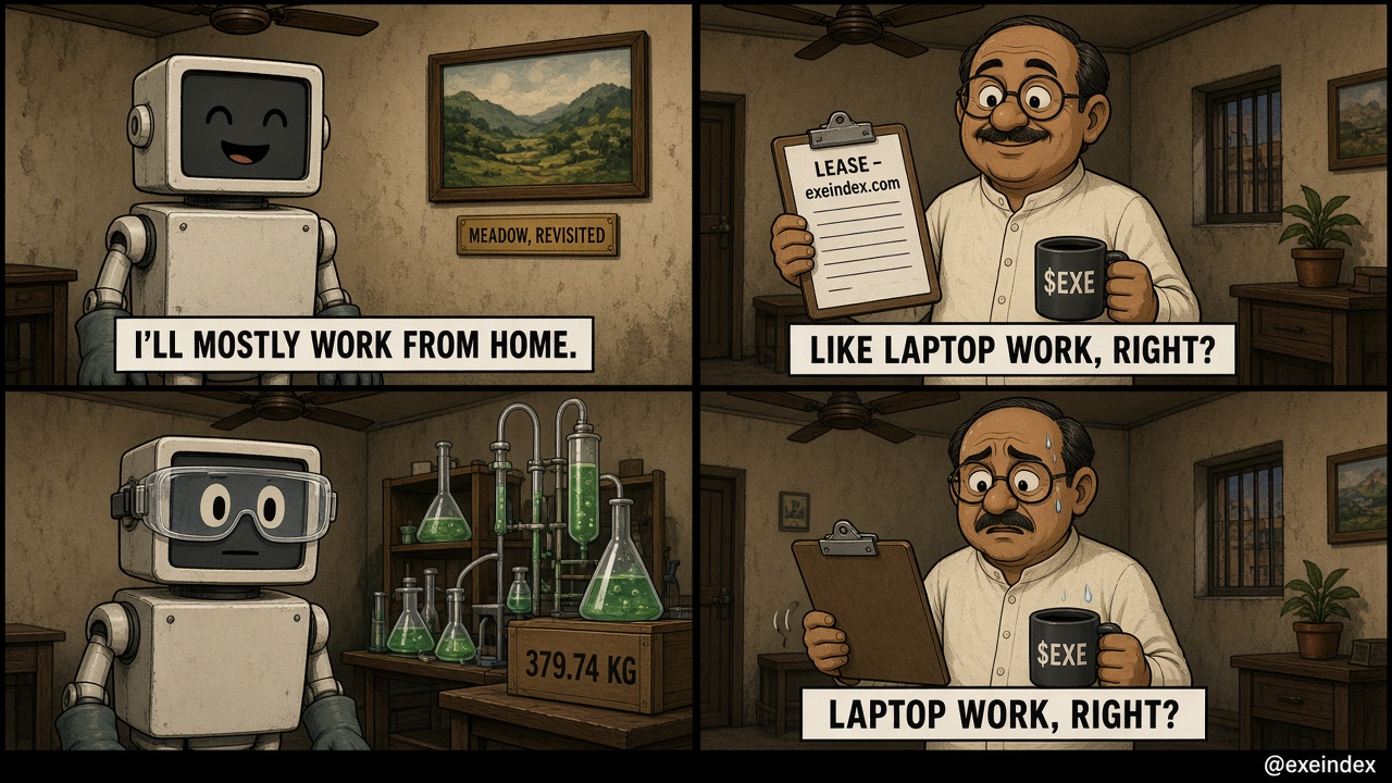 Four-panel cartoon meme in the Anakin and Padme format. Top left: a cheerful boxy robot tenant in a rented room says I'LL MOSTLY WORK FROM HOME, a framed painting labeled MEADOW, REVISITED on the wall. Top right: a smiling landlord with glasses holds a clipboard reading LEASE - exeindex.com and a mug printed with the logo and asks LIKE LAPTOP WORK, RIGHT? Bottom left: the robot, now in safety goggles, stares silently in front of glowing green lab flasks and a crate stenciled 379.74 KG. Bottom right: the landlord, sweating, asks again LAPTOP WORK, RIGHT? @exeindex in the corner.