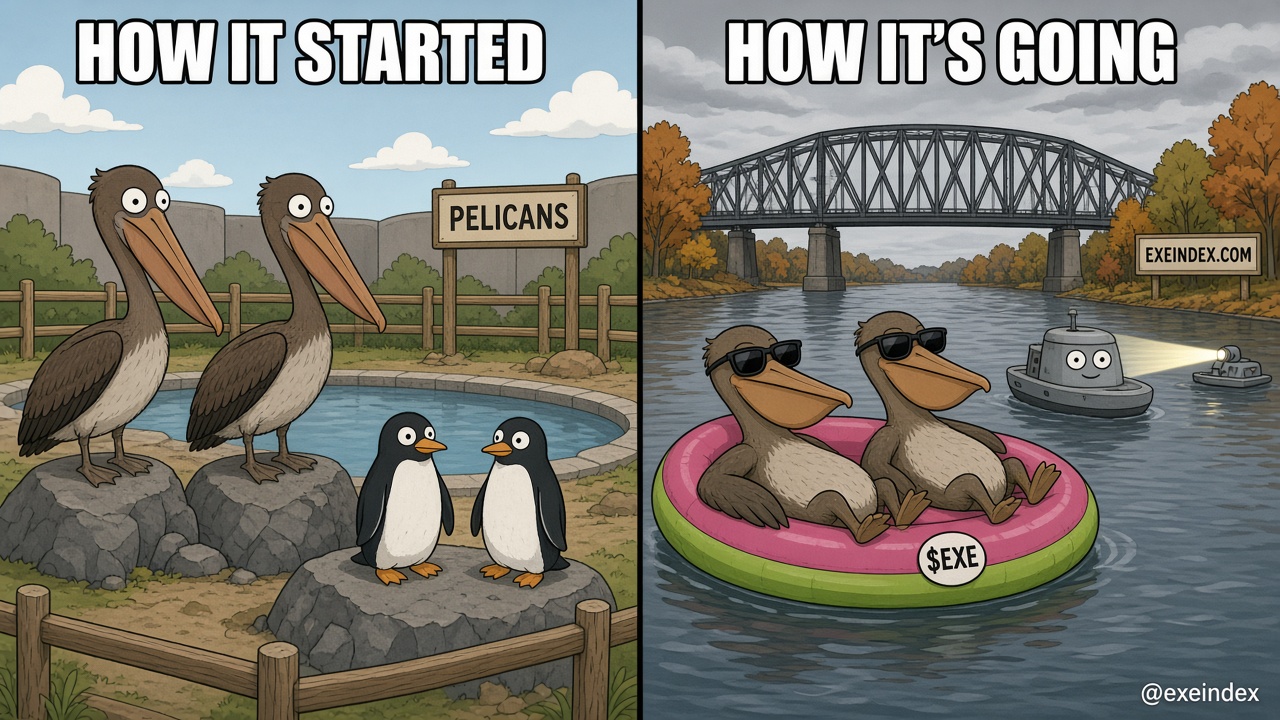Two-panel cartoon meme in the How it started, How it's going format. Left, captioned HOW IT STARTED: two brown pelicans stand on rocks beside a small zoo pool with two penguins and a sign reading PELICANS. Right, captioned HOW IT'S GOING: the same two pelicans wear sunglasses and lounge on a pink and green pool float drifting down a wide river under a steel truss bridge with autumn trees, while a small grey boat with cartoon eyes shines a spotlight the other way. Details: a logo sticker on the float, an EXEINDEX.COM sign on the riverbank, and @exeindex in the corner.