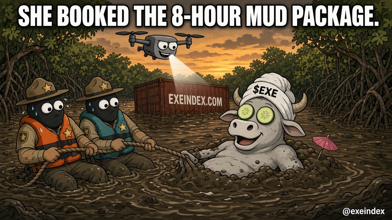 Cartoon in SNECK style: a pale grey heifer lies blissfully chest-deep in a muddy mangrove canal at sunset, wearing a white towel turban marked with a logo, with cucumber slices over her googly eyes and a tiny pink cocktail umbrella beside her. Two masked, googly-eyed sheriff's deputies in campaign hats and life vests strain on a rope looped around her, sweating. A smug googly-eyed drone hovers overhead with a spotlight, and a half-sunk red shipping container reads EXEINDEX.COM. Caption: SHE BOOKED THE 8-HOUR MUD PACKAGE.