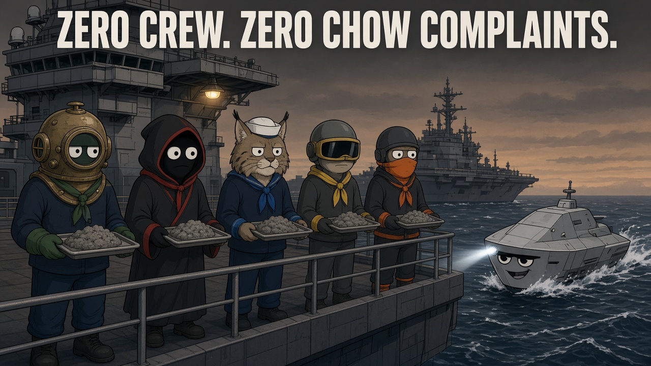 Cartoon in SNECK style: five deadpan sailors with big googly eyes (a brass diving helmet, a dark hood, a lynx head in a sailor cap, a visor helmet and an orange mask) stand in a chow line on an aircraft carrier deck holding trays of gray mush, while a small crewless drone ship with googly eyes and a smug grin zips past in the water. Caption: ZERO CREW. ZERO CHOW COMPLAINTS.