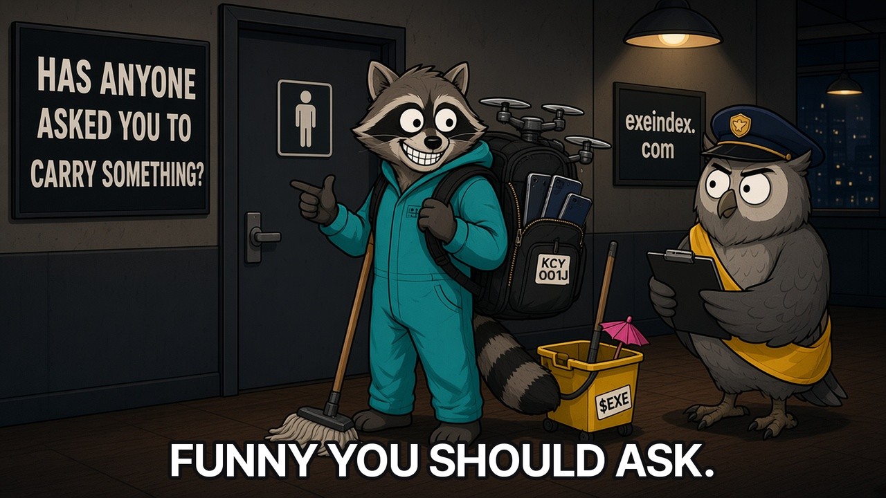 Cartoon in SNECK style: in a dark wood-paneled airport hallway, a big sign reads HAS ANYONE ASKED YOU TO CARRY SOMETHING? A grinning googly-eyed raccoon cleaner in a teal coverall, holding a mop, points back at a restroom door while wearing a bulging black backpack with drone propellers and smartphones poking out and a luggage tag reading KCY 001J. Beside it, a yellow mop bucket has a sticker and a tiny pink cocktail umbrella. A grey owl customs officer in a navy cap and yellow sash stares at the backpack, clipboard in hand. A small wall poster reads exeindex.com. Caption: FUNNY YOU SHOULD ASK.