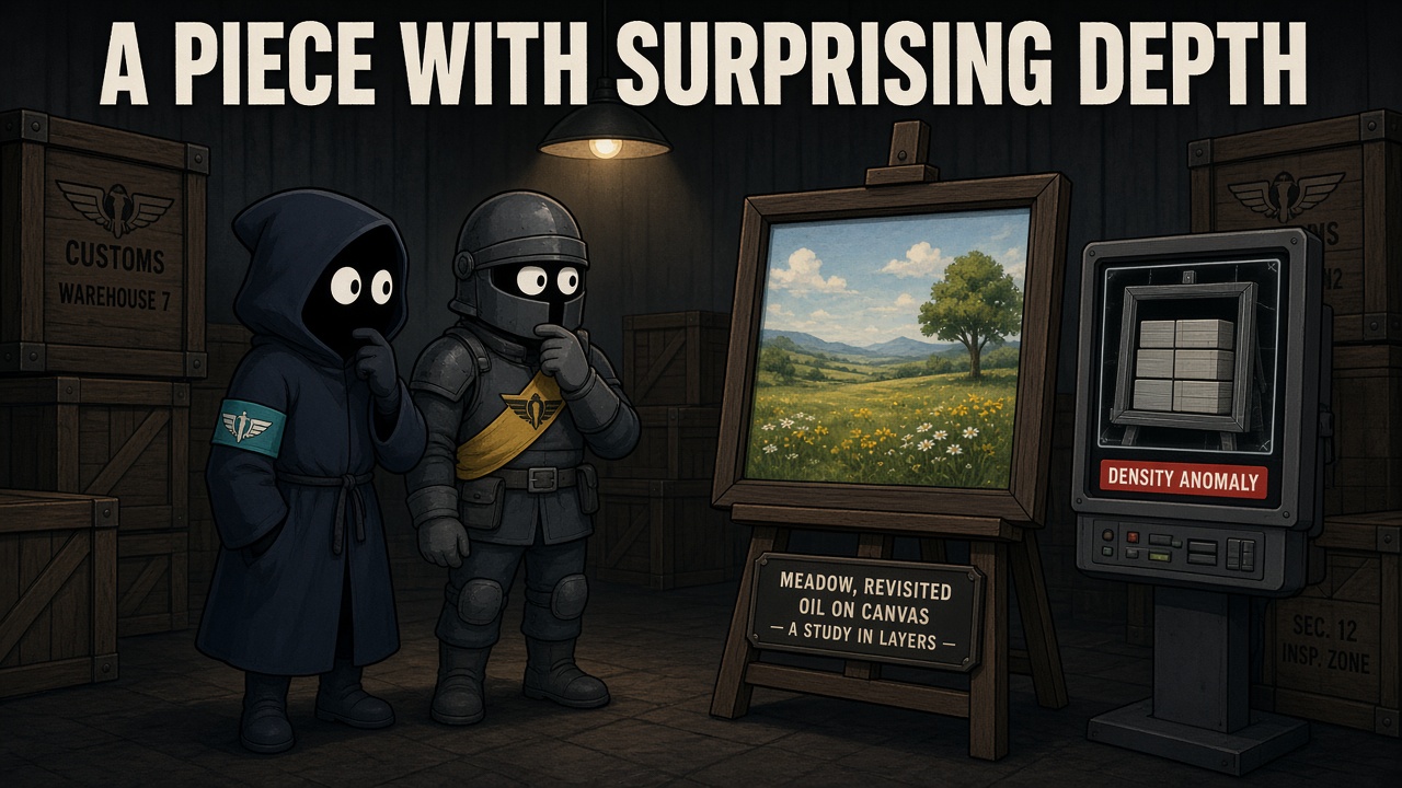Cartoon in SNECK style: in a dim customs warehouse, two customs agents, one in a dark hooded cloak with only big white googly eyes showing and one in a charcoal helmet with a yellow sash, stand chin in hand studying a meadow painting on an easel like art critics. A plaque reads "Meadow, Revisited, oil on canvas, a study in layers", and an inspection scanner beside it shows sealed bricks hidden behind the canvas, labeled DENSITY ANOMALY. Caption: A PIECE WITH SURPRISING DEPTH.