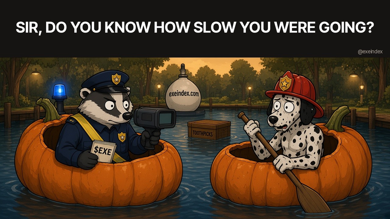 Cartoon in SNECK style on a park lake at golden hour, dark wood docks and warm lamp posts behind. On the left, a stout grey badger police officer with big white eyes, a navy peaked cap and a yellow sash sits inside a giant hollowed-out orange pumpkin used as a boat, a small blue police light on its stem. He points a chunky radar speed gun at the other boat and holds a small ticket book. On the right, a sweaty dalmatian firefighter in a red helmet sits in another giant pumpkin boat holding a wooden paddle, looking embarrassed. Behind them float a white buoy reading exeindex.com and a tiny wooden crate stenciled TOOTHPICKS. Caption: SIR, DO YOU KNOW HOW SLOW YOU WERE GOING?