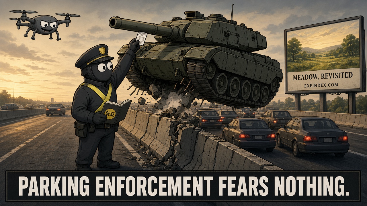 Cartoon in SNECK style: a big olive-green army tank sits stuck on top of a crushed concrete highway median while cars wait in the lanes behind it. In front, a deadpan parking officer in a peaked cap, a dark mask with big googly eyes and a yellow sash calmly holds up a parking ticket to the tank's gun barrel, ticket book in hand. A smug googly-eyed drone hovers overhead and a roadside billboard shows a meadow painting. Caption: PARKING ENFORCEMENT FEARS NOTHING.