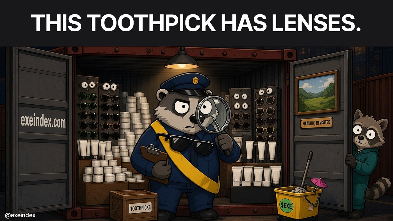 Cartoon in SNECK style: inside an open shipping container lit by one hanging lamp, a stout grey badger customs inspector with big white googly eyes, a navy cap and a yellow sash squints through a magnifying glass at a pair of black sunglasses in his paw, a clipboard under his arm. At his feet sits one tiny wooden crate labeled TOOTHPICKS. Behind him the container is stacked to the ceiling with white cream jars, tubes and racks of sunglasses. The left container door is stenciled exeindex.com. On the right door hangs a small framed meadow painting with a plaque reading MEADOW, REVISITED. A googly-eyed raccoon cleaner in a teal coverall peeks around the door beside a yellow mop bucket with a sticker and a tiny pink cocktail umbrella. Caption: THIS TOOTHPICK HAS LENSES.