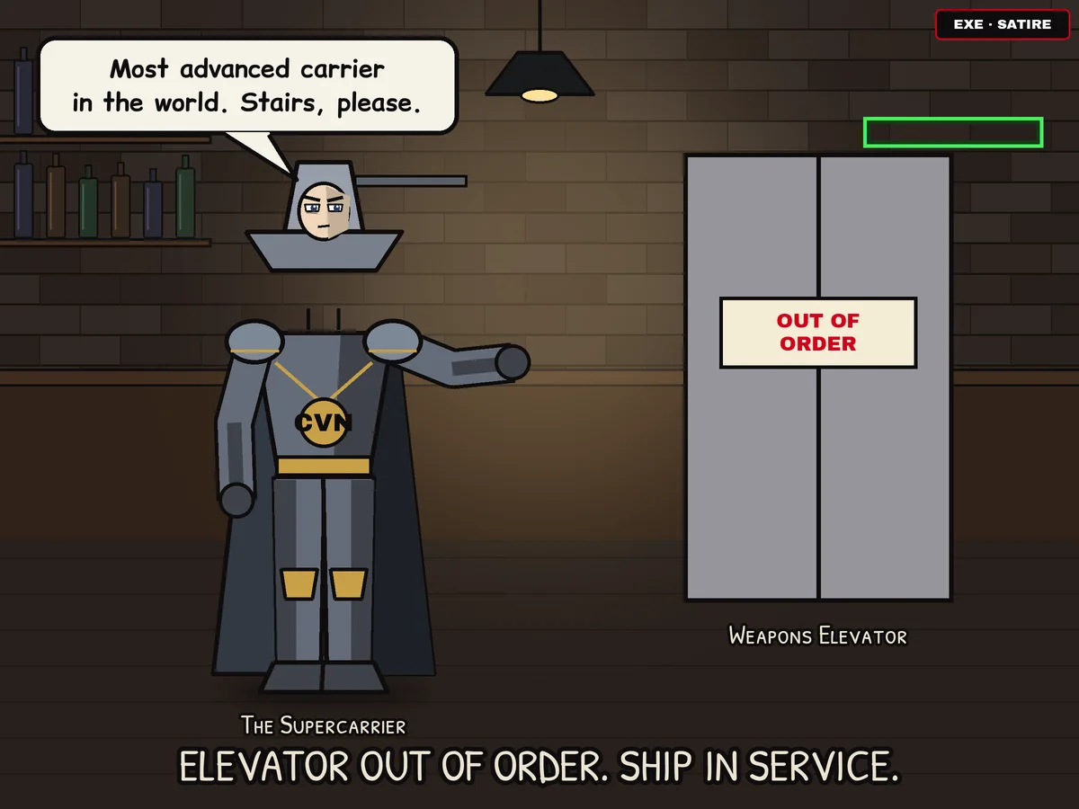 Anime-style cartoon in a dark brick bar: a grey armored figure with an aircraft-carrier head, labeled The Supercarrier, says 'Most advanced carrier in the world. Stairs, please.' Next to it a steel elevator door carries an Out of Order sign.