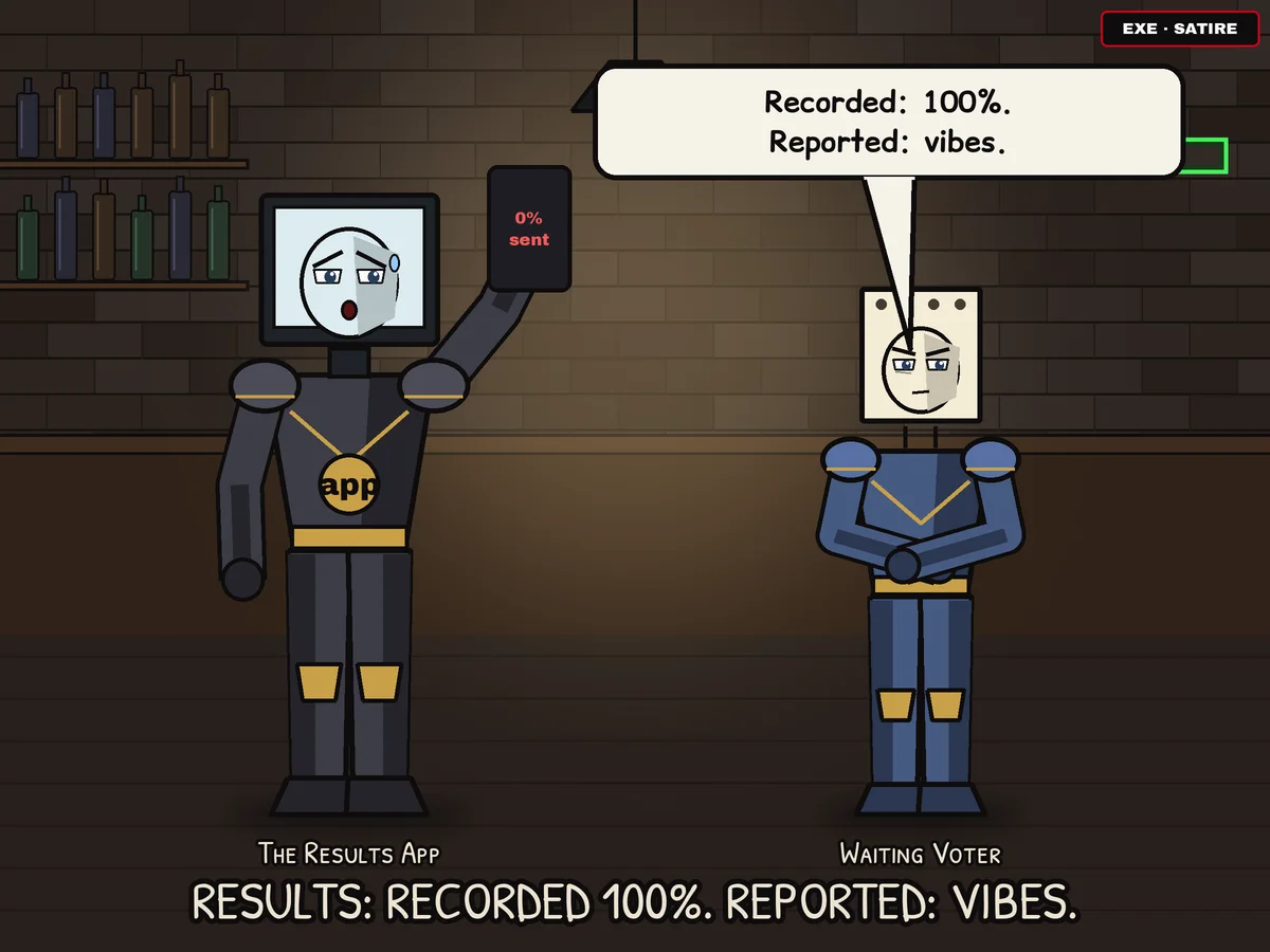 Anime-style cartoon in a dark brick bar: a panicking monitor-headed figure, labeled The Results App, holds up a phone showing 0% sent, while a ballot-card-headed Waiting Voter crosses its arms and says 'Recorded: 100%. Reported: vibes.'