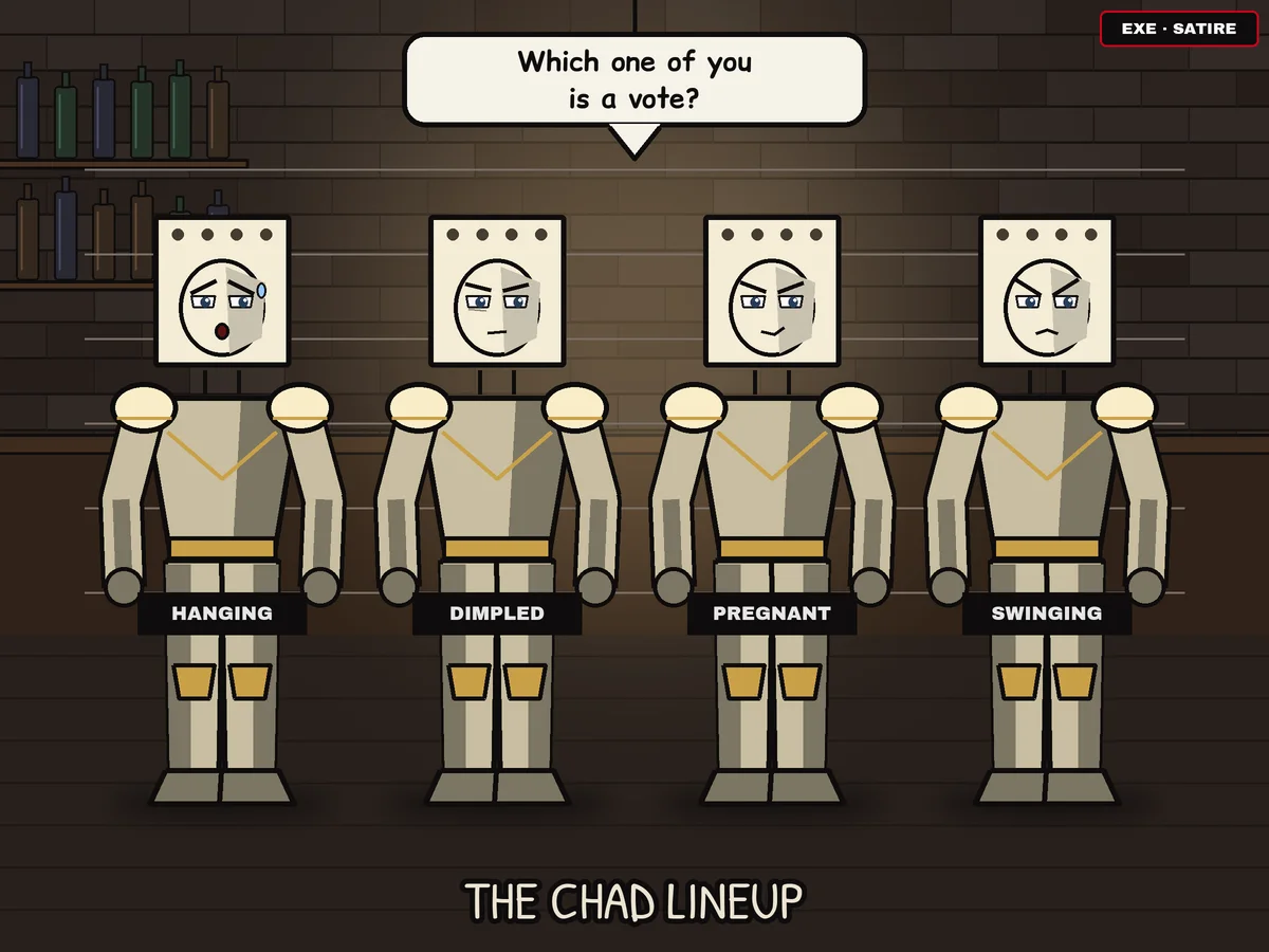 Anime-style cartoon in a dark brick bar: four ballot-card-headed figures in a police lineup, labeled Hanging, Dimpled, Pregnant and Swinging. A speech bubble asks 'Which one of you is a vote?'