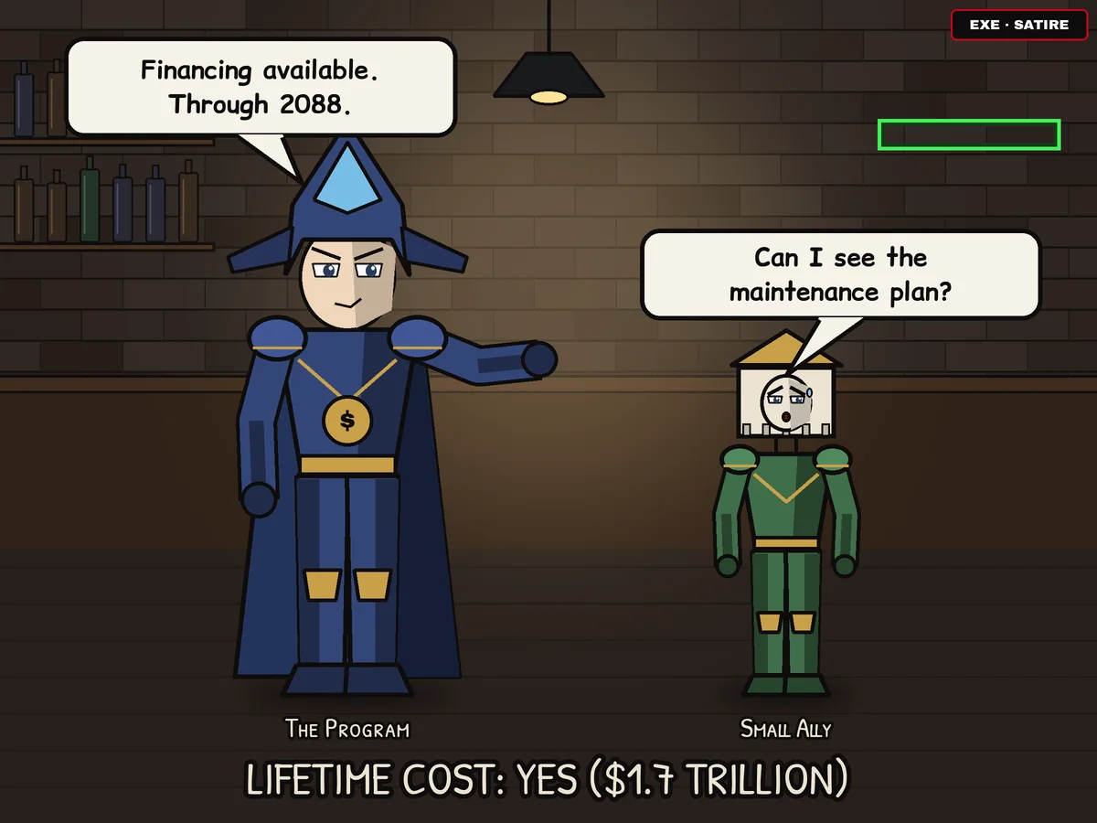 Anime-style cartoon in a dark brick bar: a tall caped figure in blue armor with a fighter-jet helmet, labeled The Program, points and says 'Financing available. Through 2088.' A short green figure with a little house for a head, labeled Small Ally, asks 'Can I see the maintenance plan?' Caption: Lifetime cost: yes ($1.7 trillion).