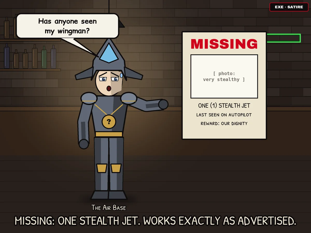 Anime-style cartoon in a dark brick bar: a grey armored figure with a jet helmet, labeled The Air Base, panics and asks 'Has anyone seen my wingman?' beside a poster reading MISSING: one (1) stealth jet, photo very stealthy.