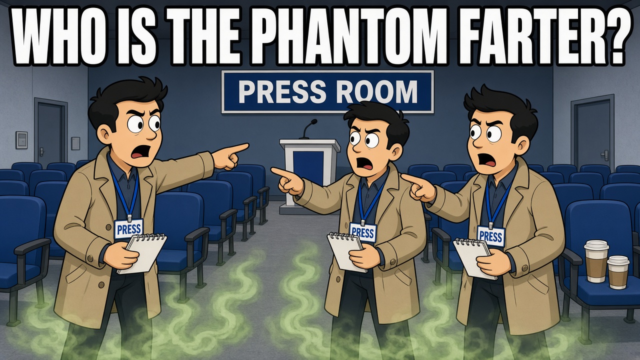 Cartoon meme in the Spider-Man pointing format: three identical reporters in tan trench coats with PRESS badges and notepads point accusingly at each other in a press room with blue chairs, a podium and a PRESS ROOM sign, while green stink lines rise around their feet. Caption: WHO IS THE PHANTOM FARTER?