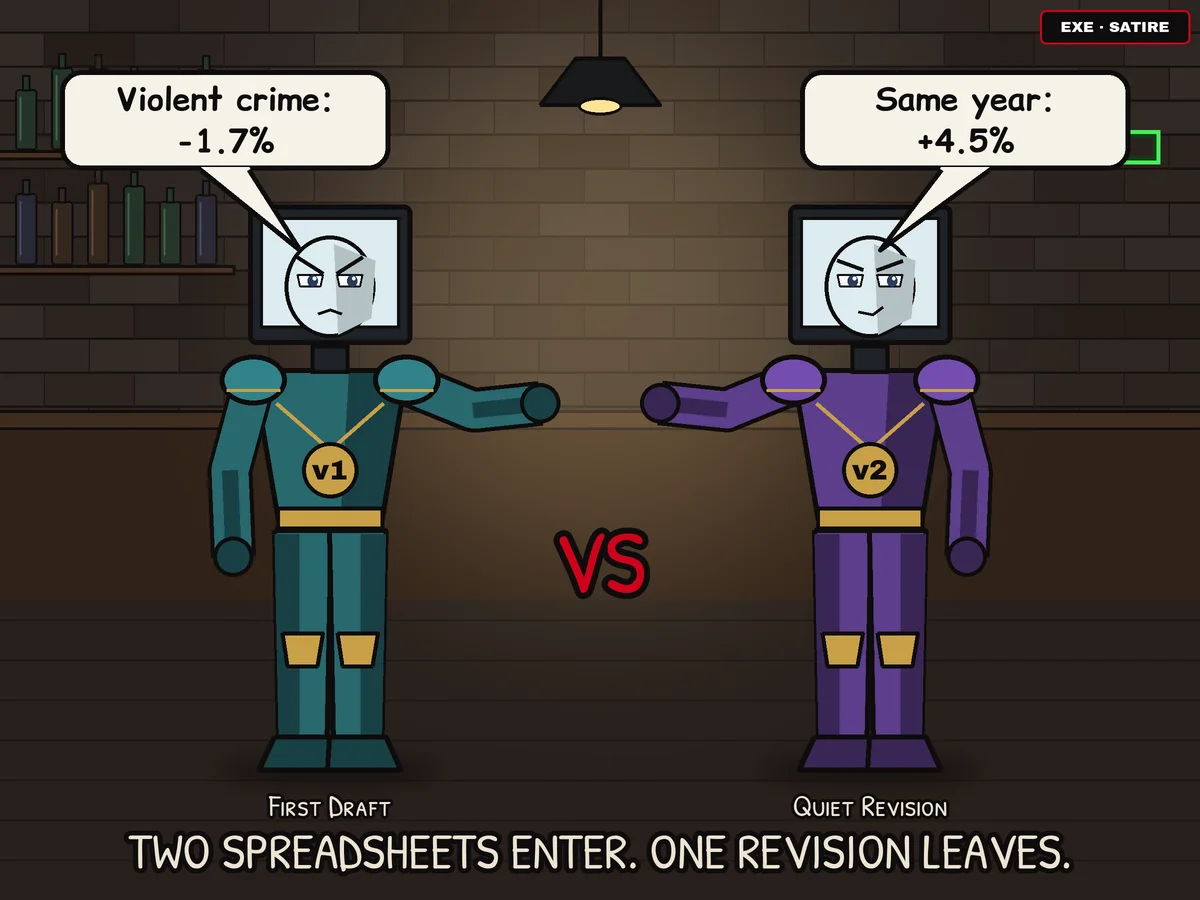 Anime-style cartoon in a dark brick bar: two monitor-headed figures face off, labeled First Draft and Quiet Revision. One says 'Violent crime: -1.7%'; the other says 'Same year: +4.5%'. A red VS sits between them.